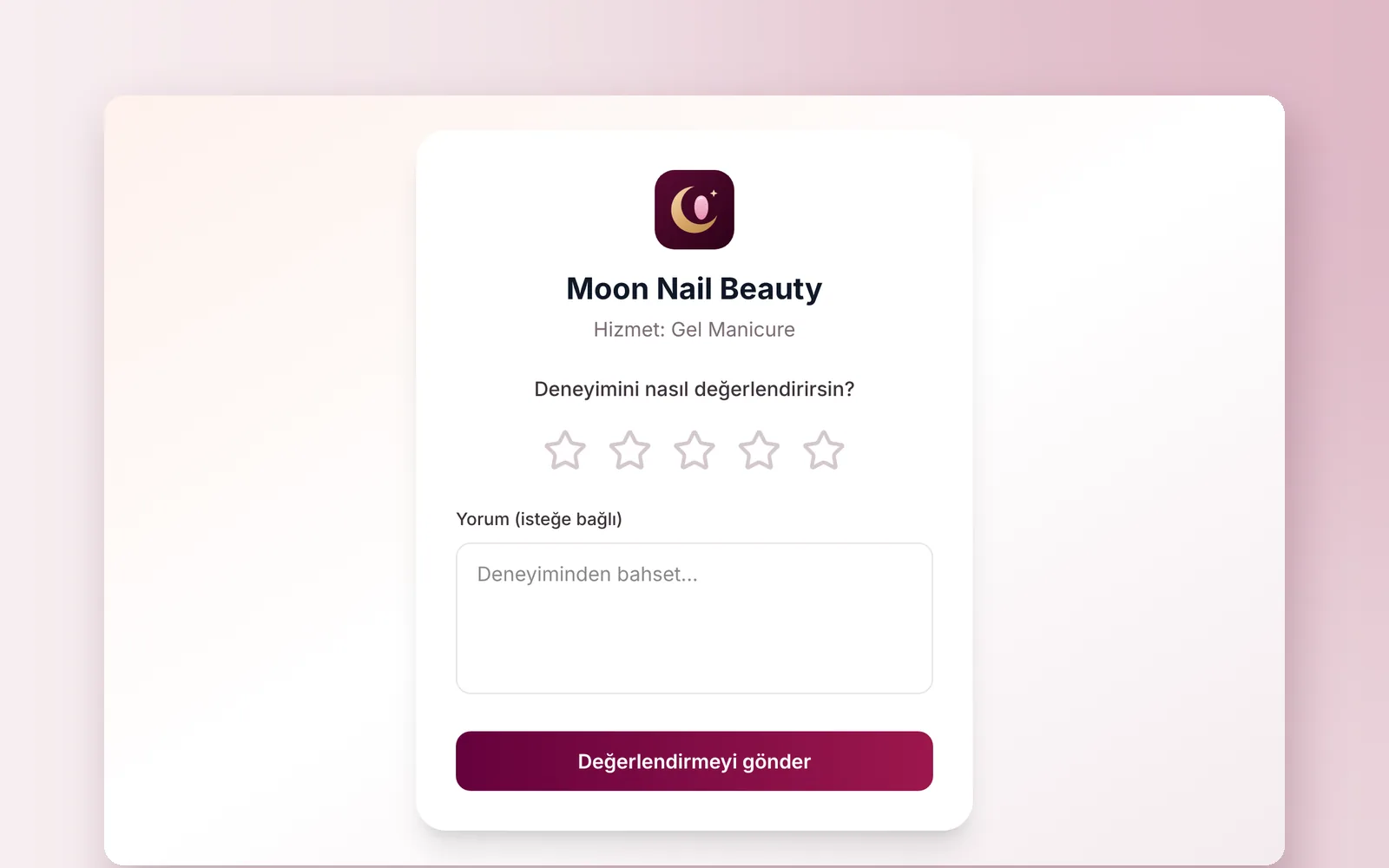 CutieCure Salon değerlendirme sayfası: müşteri tırnak salonuna 1 ile 5 arasında puan veriyor ve isterse yorum yazıyor