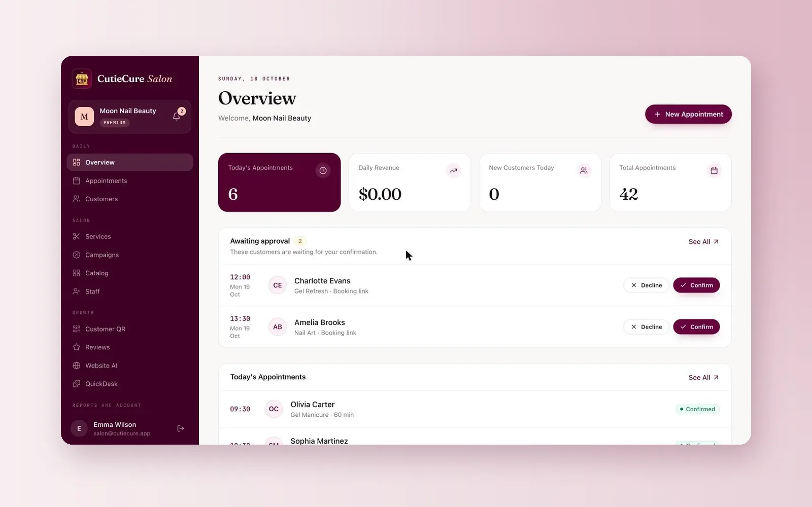 CutieCure Salon overview screen with the day's appointments and booking requests awaiting approval