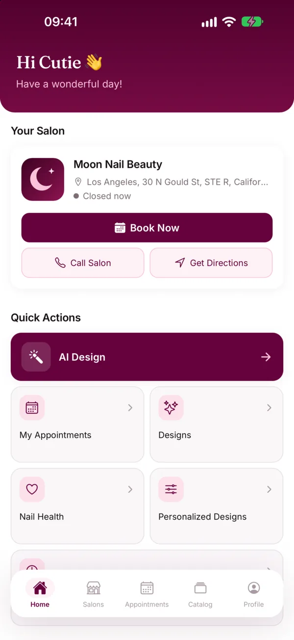 Écran d'accueil de CutieCure Book avec Moon Nail Beauty comme salon relié, un bouton de réservation et un raccourci AI Design