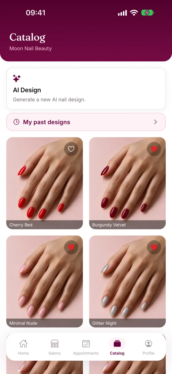 Onglet Catalogue de CutieCure Book pour Moon Nail Beauty avec des créations comme Cherry Red, Burgundy Velvet, Minimal Nude et Glitter Night