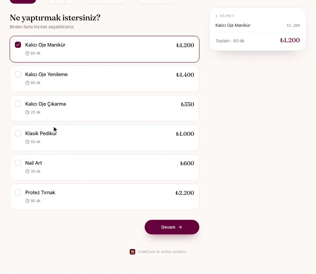 Moon Nail Beauty randevu sayfası, hizmet adımı: süre ve fiyatlarıyla hizmet listesi, Kalıcı Oje Manikür seçili ve sağda özet kartı