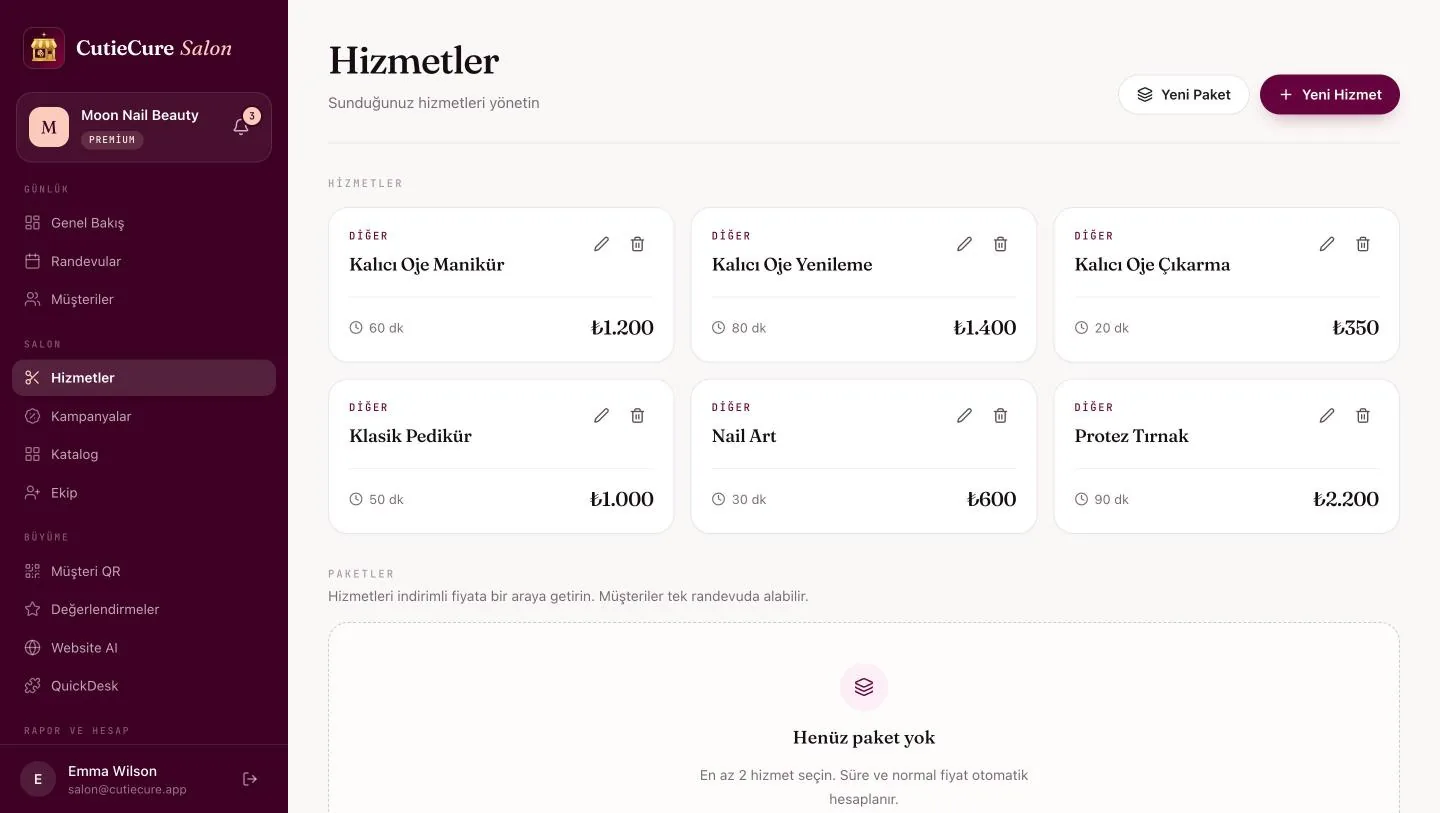 CutieCure Salon Hizmetler ekranı: Kalıcı Oje Manikür 60 dk, Protez Tırnak 90 dk gibi altı demo hizmet ve fiyatları