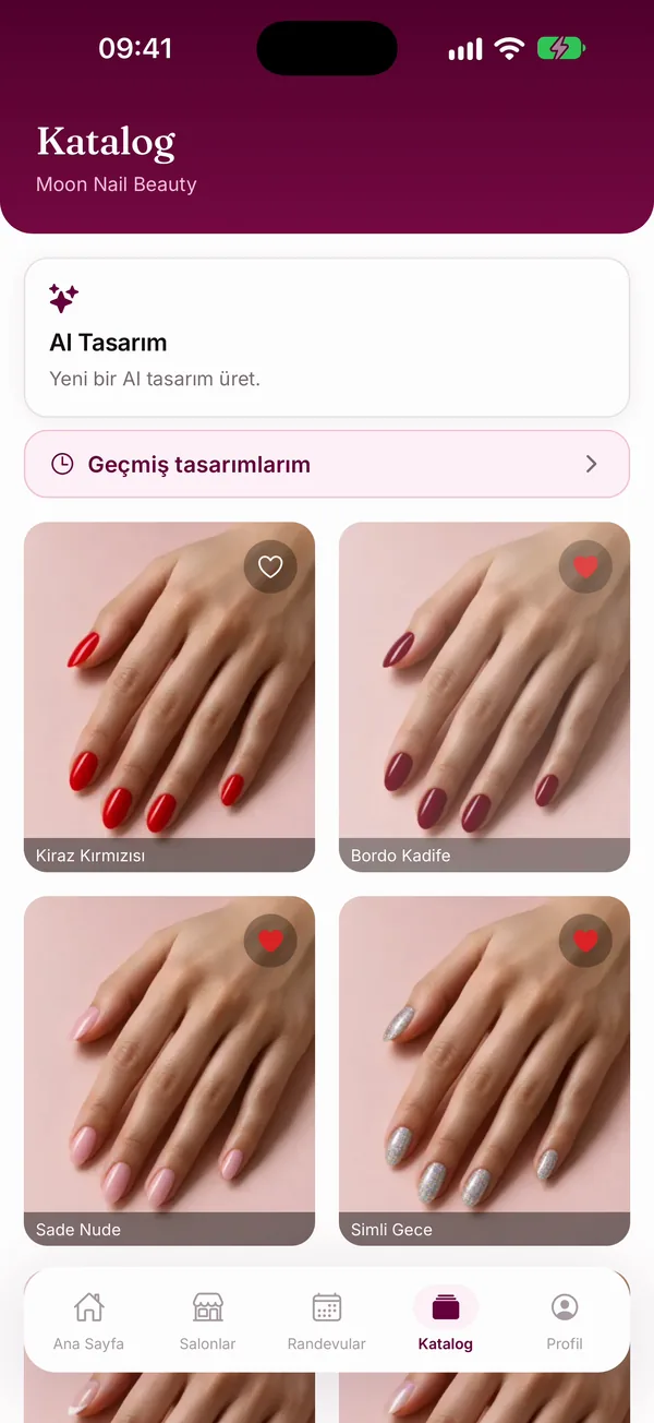 CutieCure Book Katalog sekmesi: Moon Nail Beauty için Kiraz Kırmızısı, Bordo Kadife, Sade Nude ve Simli Gece tasarım kartları