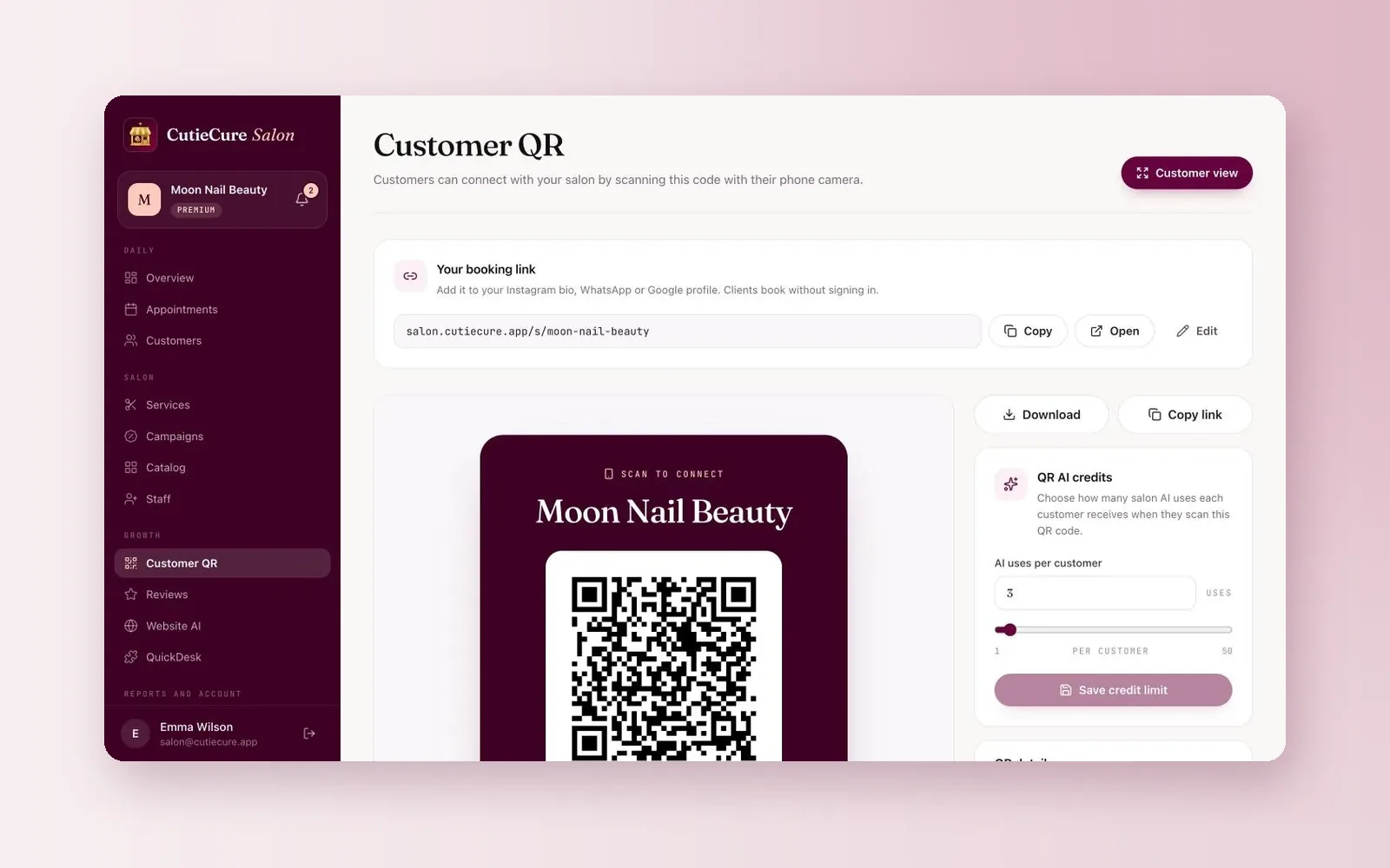 The booking link card in CutieCure Salon with Copy, Open and Edit buttons, above the customer QR code