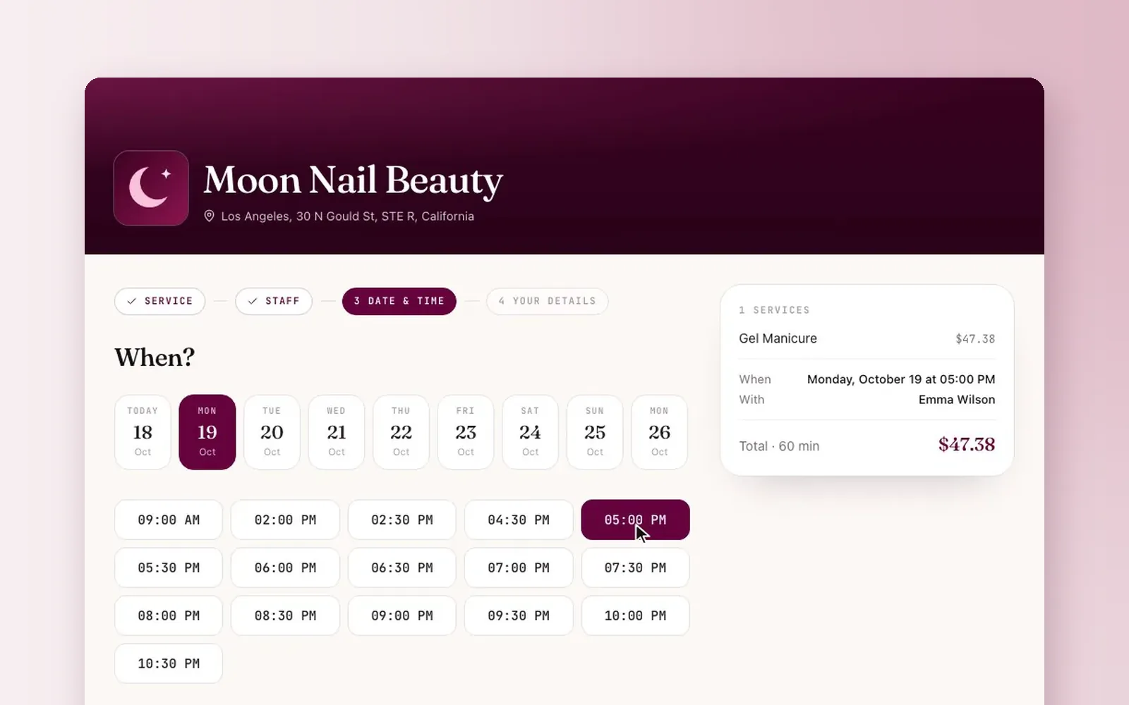 The date and time step of a CutieCure Salon booking page, showing the free times of the technician the client picked