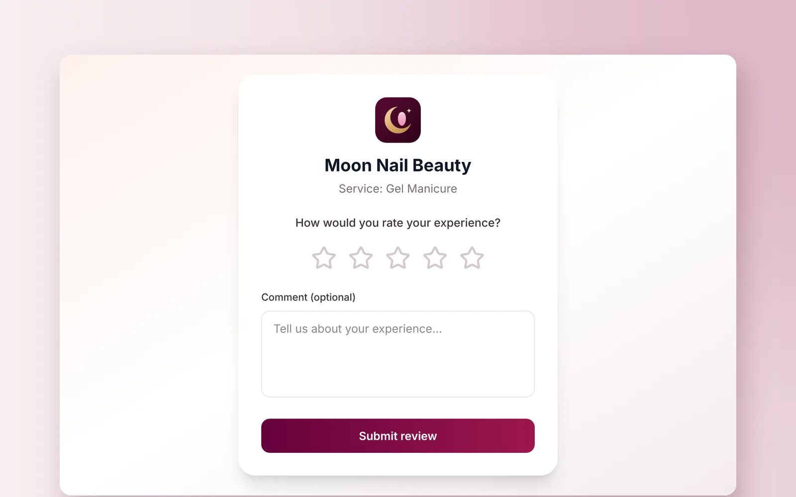 The CutieCure Salon review page, where a client rates the nail salon from 1 to 5 and can add a comment