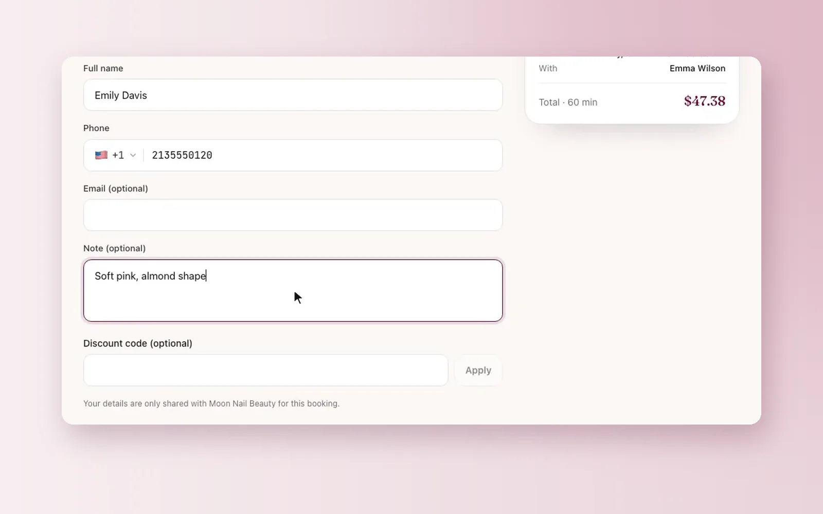The last step of a CutieCure Salon booking page, where the client writes the colour and shape she wants in the note field