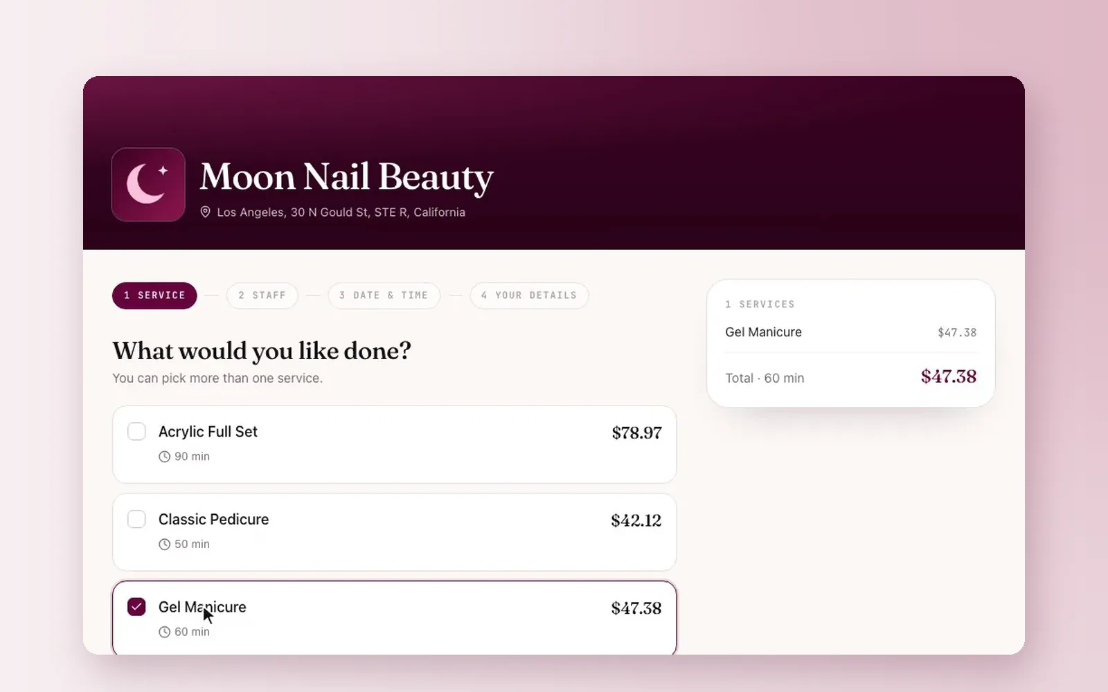 The service step of a CutieCure Salon booking page, with each service listed with its duration and price