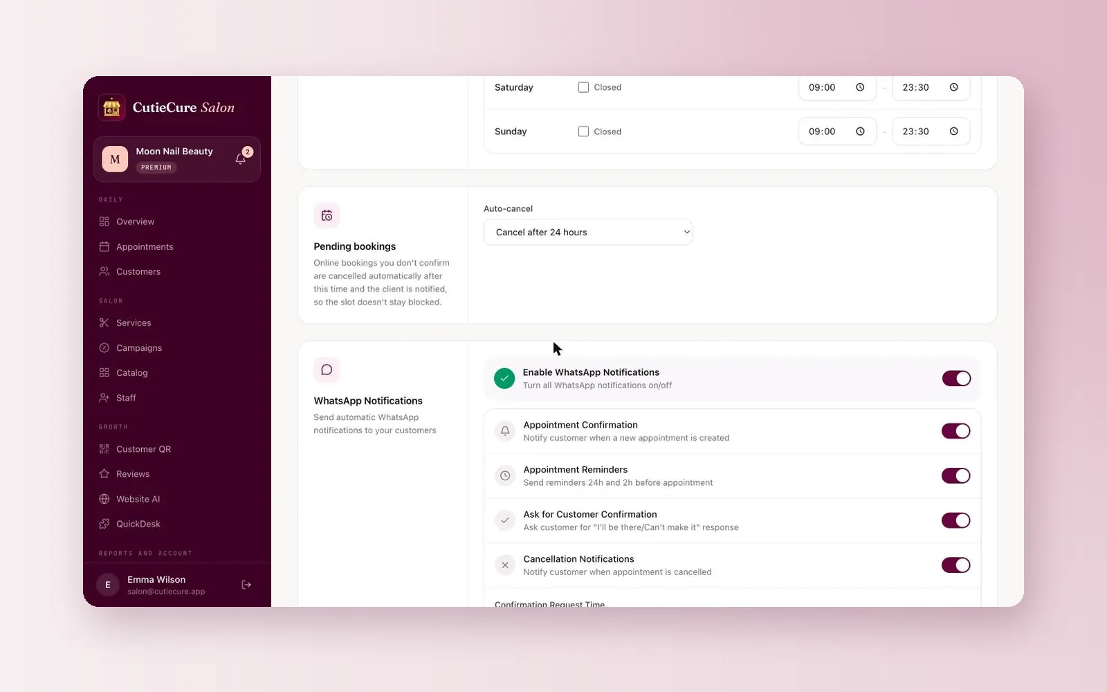 Paramètres de CutieCure Salon : annulation automatique des réservations en attente et interrupteurs WhatsApp pour confirmations, rappels et annulations